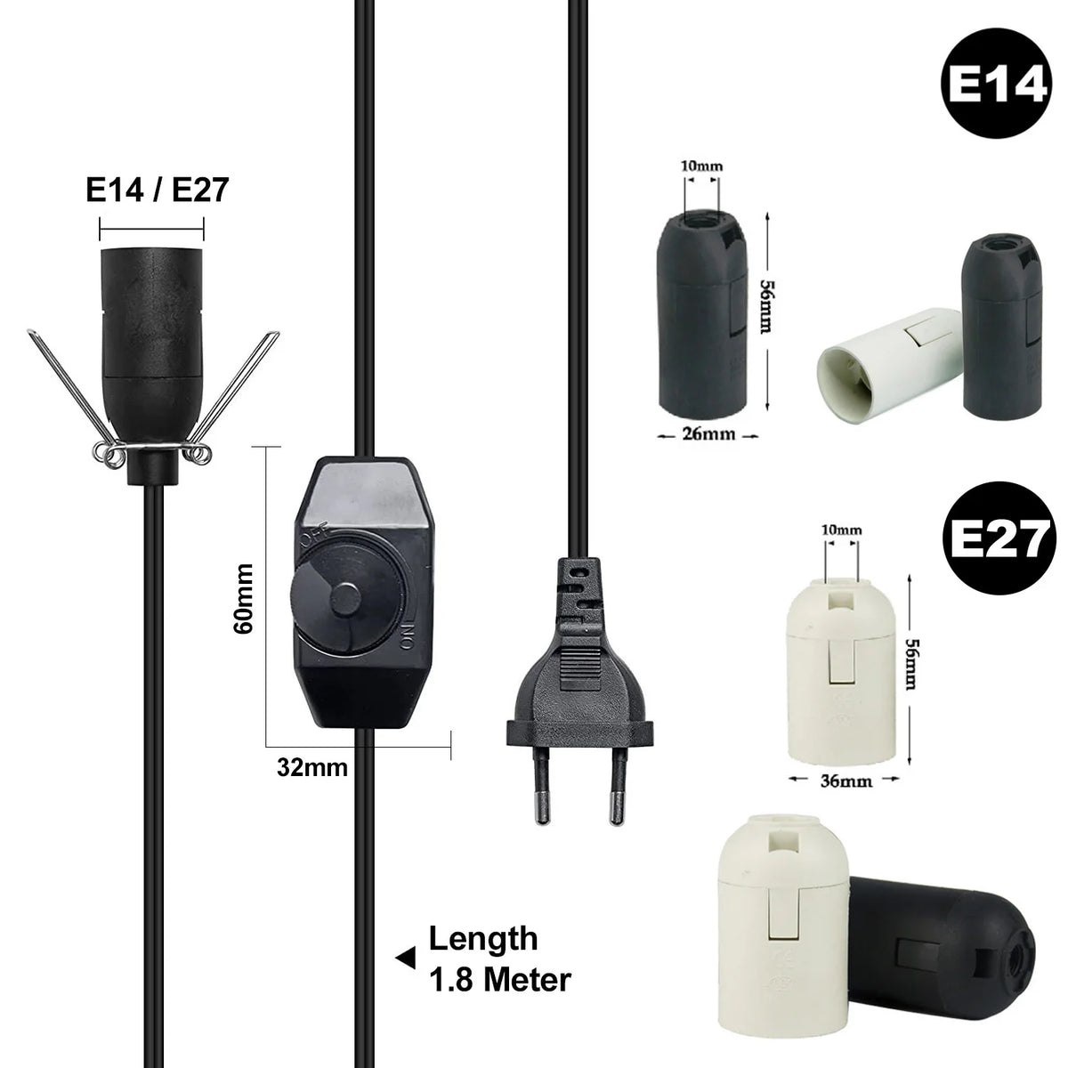 câble électrique vintage ampoule e14 e27 noir blanc douille socket interrupteur variateur 1mètre