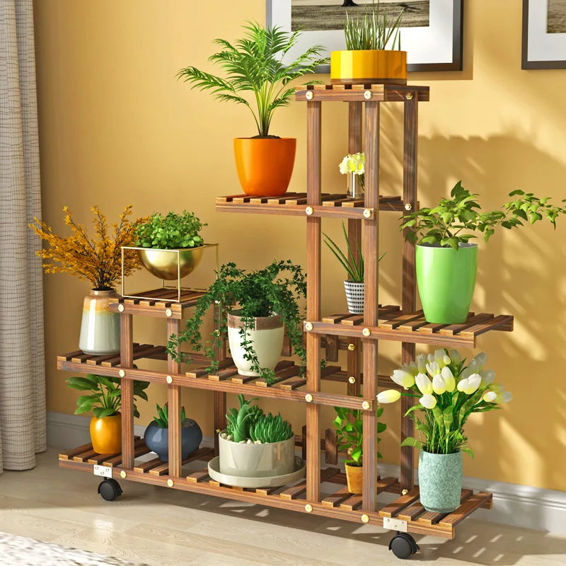 étagère plantes bois naturel barreaux horizontaux roulettes moderne pots variés decorationintérieur