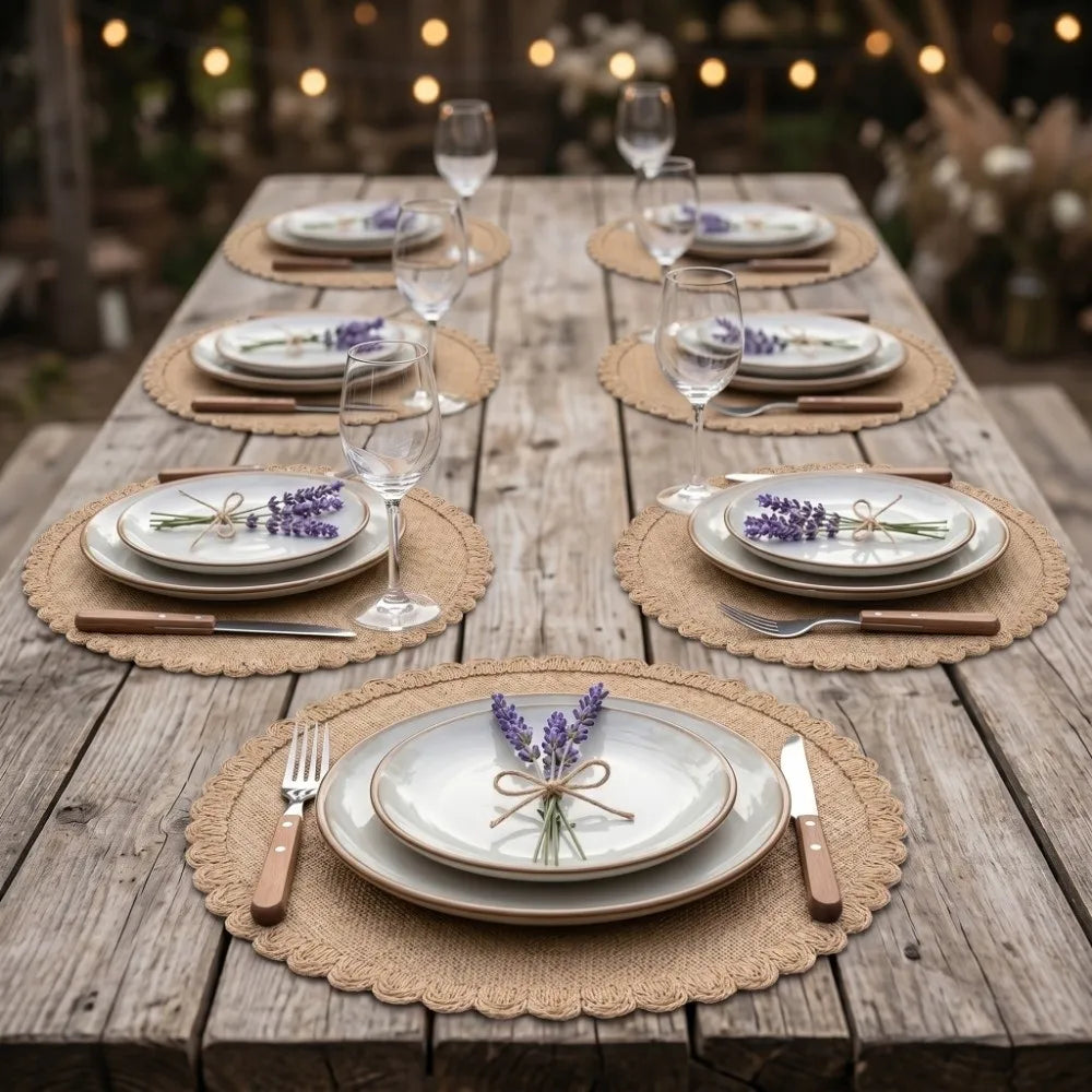 serviettes table rustiques beige texture tissée bordure dentelée assiettes fourchettes couteaux bougies roses graines