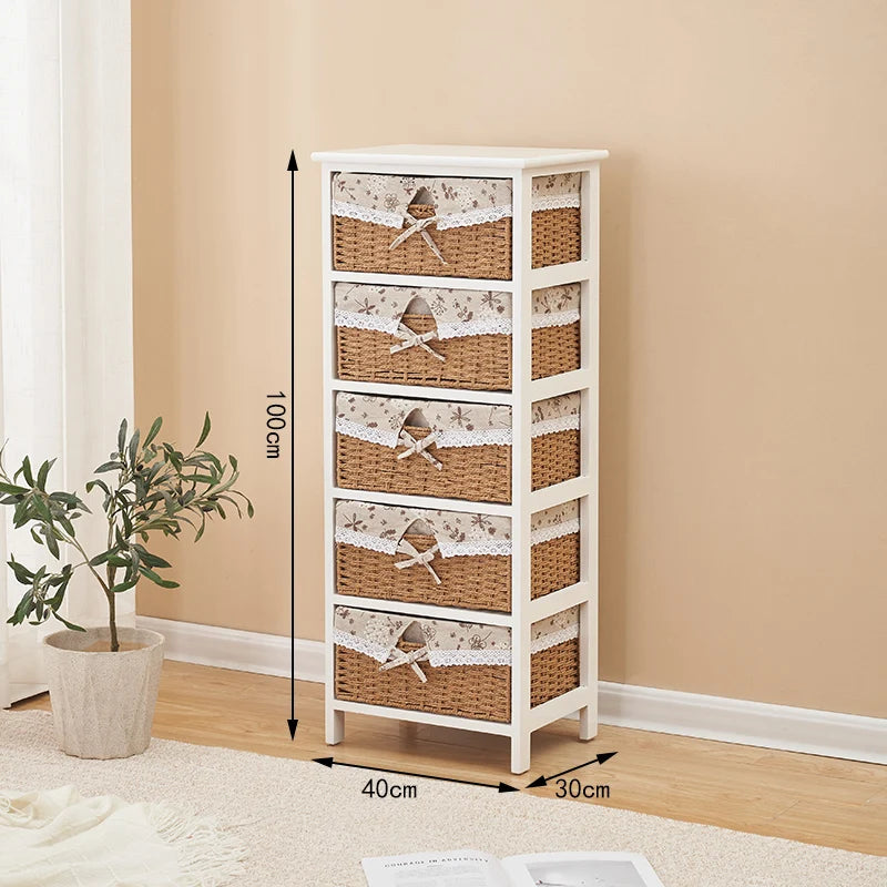 meuble tiroirs blanc rustique paniers osier tissu beige vintage chambre coucher minimaliste moderne