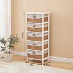 meuble tiroirs blanc rustique paniers osier tissu beige vintage chambre coucher minimaliste moderne
