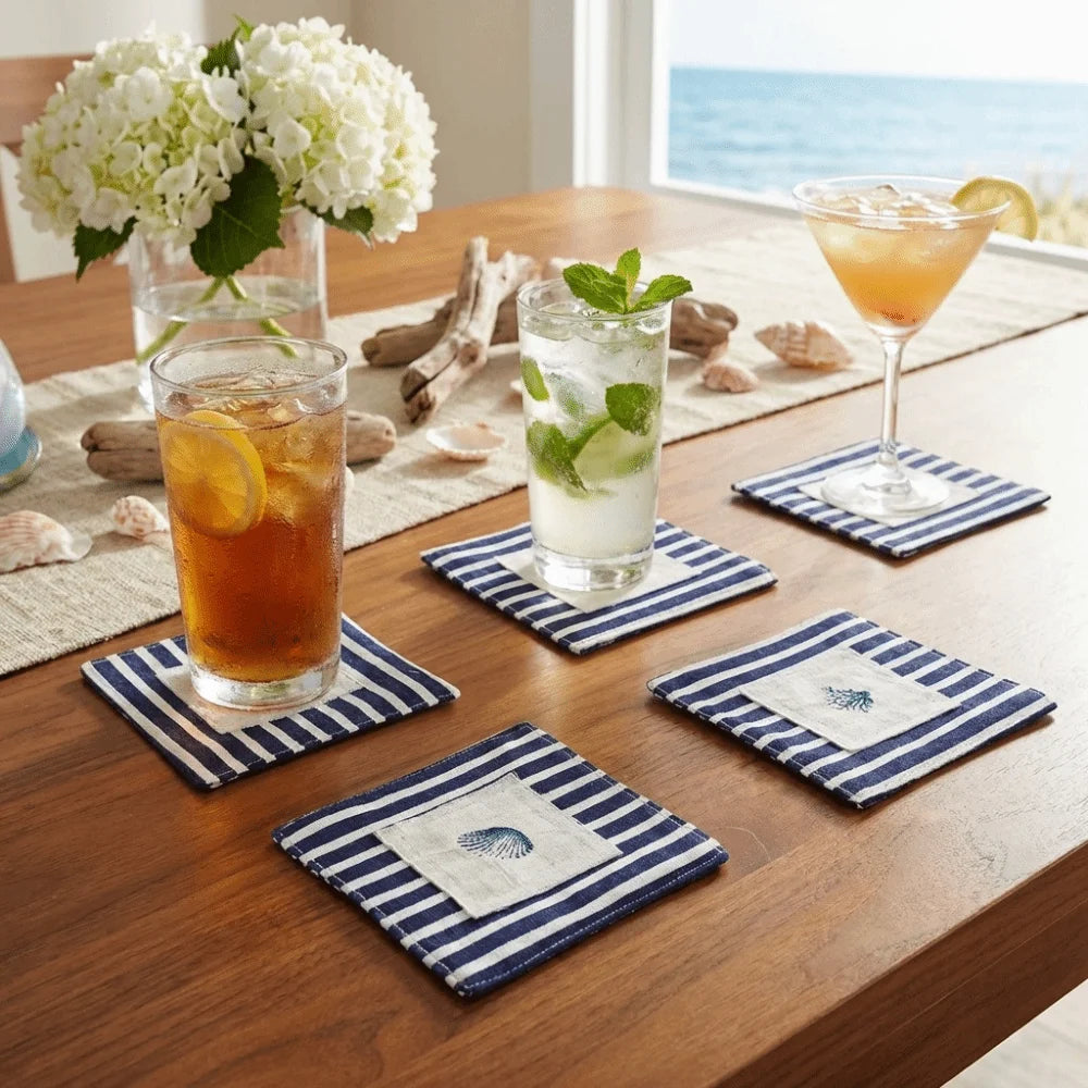 serviettes table classiques rayures horizontales motif marin étoile mer coquillage blanc bleu marine lavables