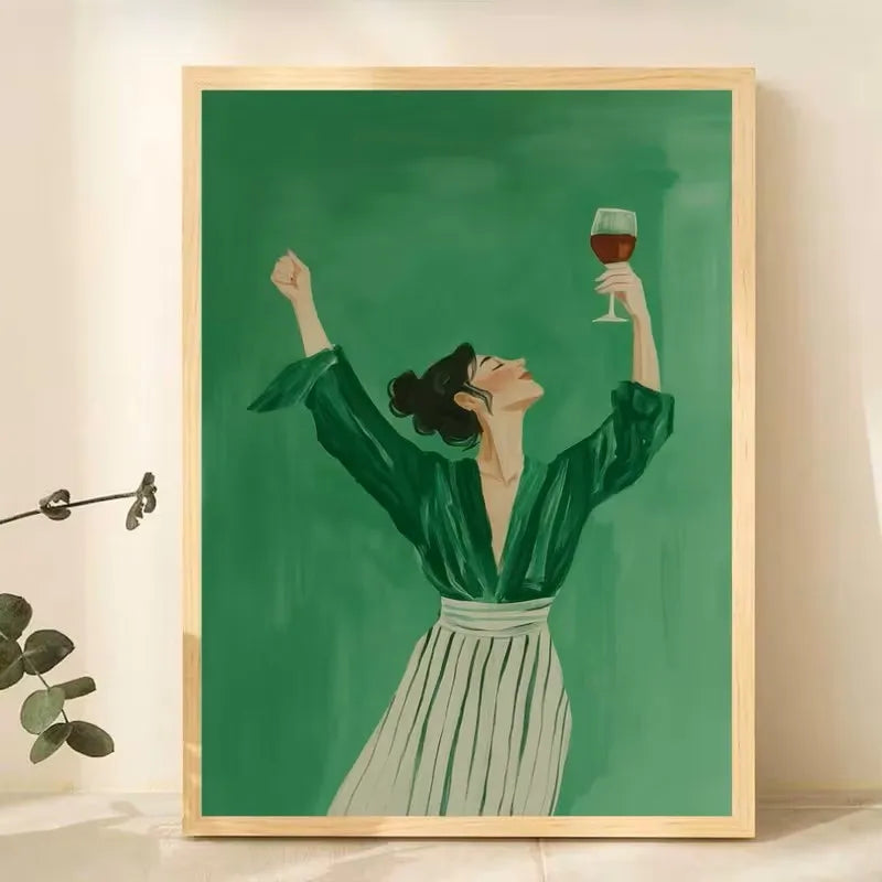 tableau moderne illustration femme verre vin rouge fond vert minimaliste chambre salon toile sans