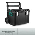boîte outils modulaire noire verte pratique robuste poignées roulettes empilable grande capacité