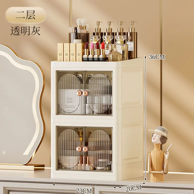 boîte rangement cosmétiques porte opaque moderne poignées dorées compartiments multiples élégante organisation produits soins