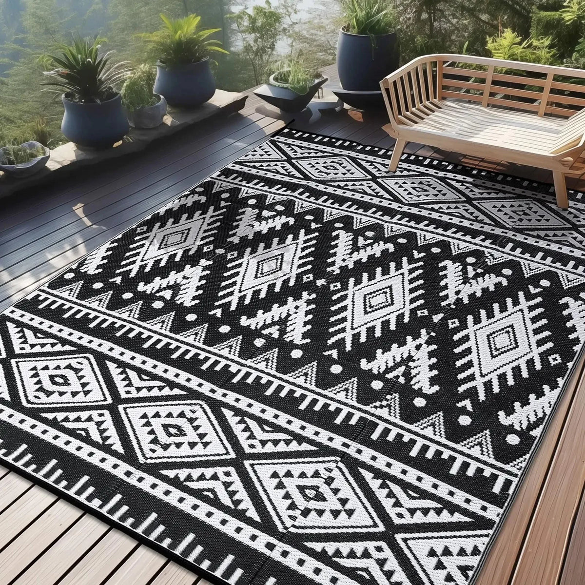 tapis moderne noir blanc motif géométrique triangle losange polyester rectangle
