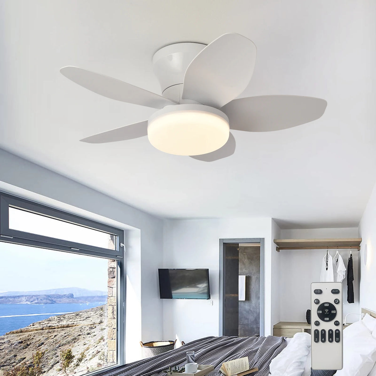 ventilateur lumière intégrée télécommande lames bois naturel abat jour blanc minimaliste rechargeable