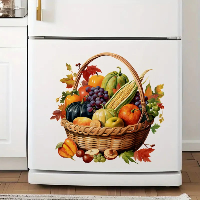 panier tressé marron clair autocollants fruits pommes raisins citrouilles maïs feuilles automne classique maison