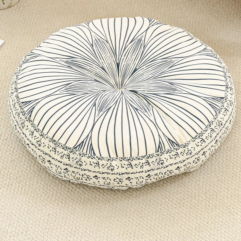 coussin rond boho chic motifs floraux géométriques antidérapant polyester blanc bleu