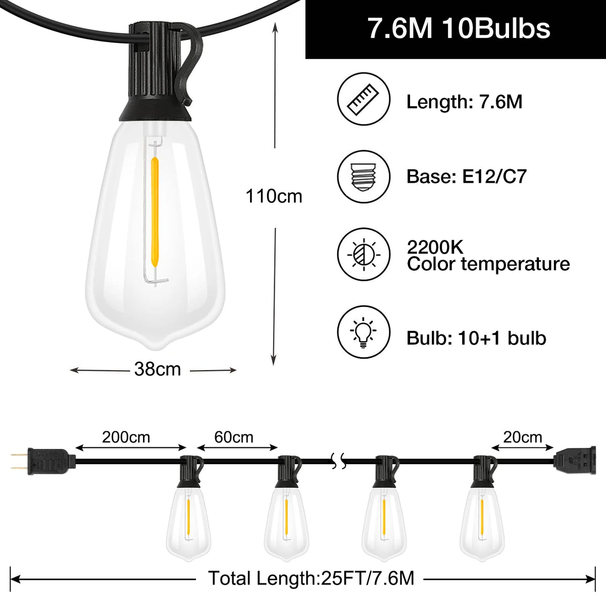 guirlande lumineuse led transparente vintage 65ft ip44 clips 2200k warm whiteextérieur patio fêtes
