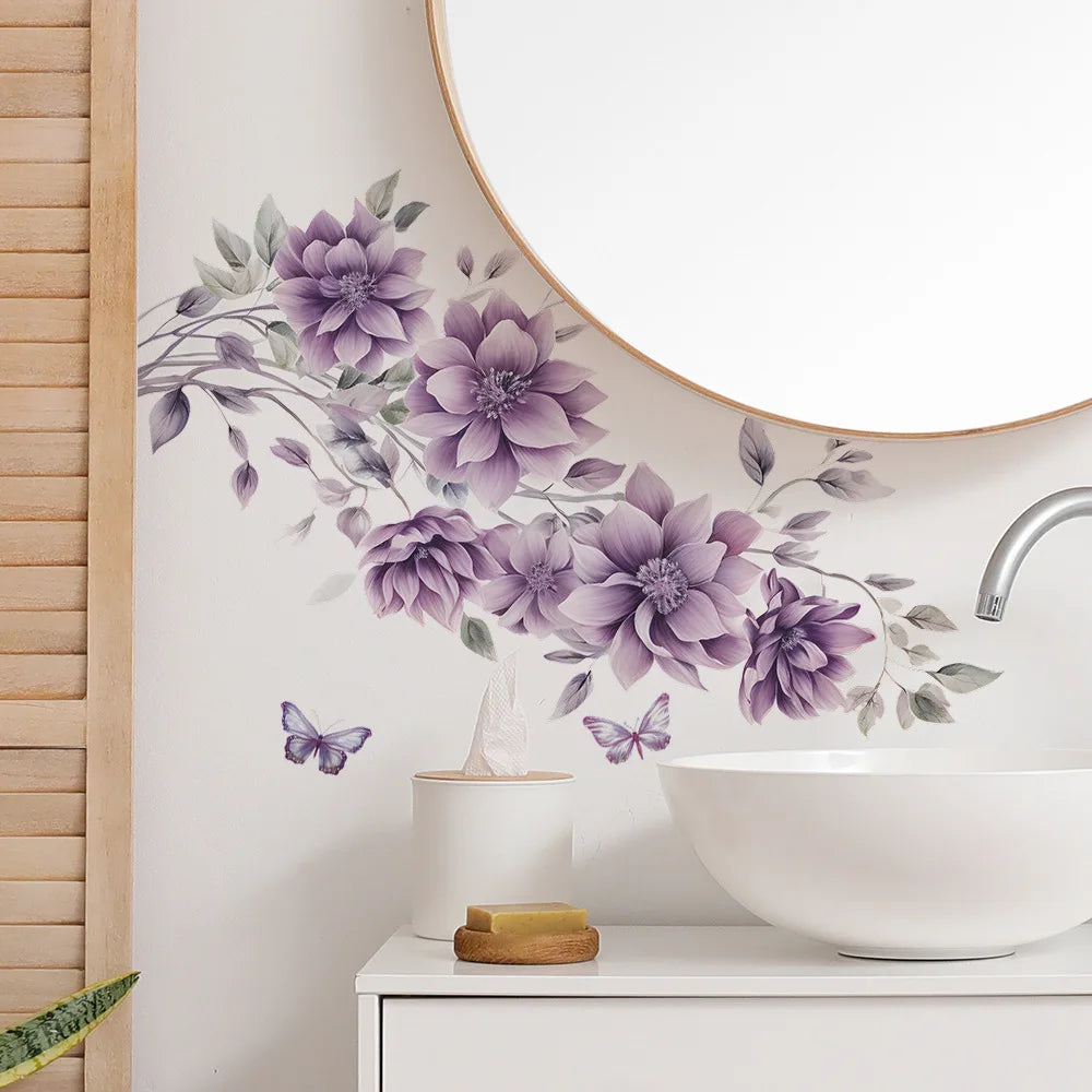 sticker mural fleurs violets papillons adhésif pvc résistant eau moderne salon chambre bain