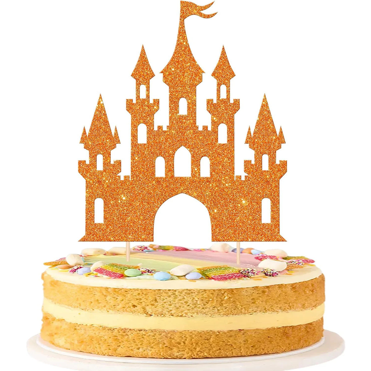 décoration gâteau château glitter princesse doré bleu rose anniversaire fête piquettes bambou
