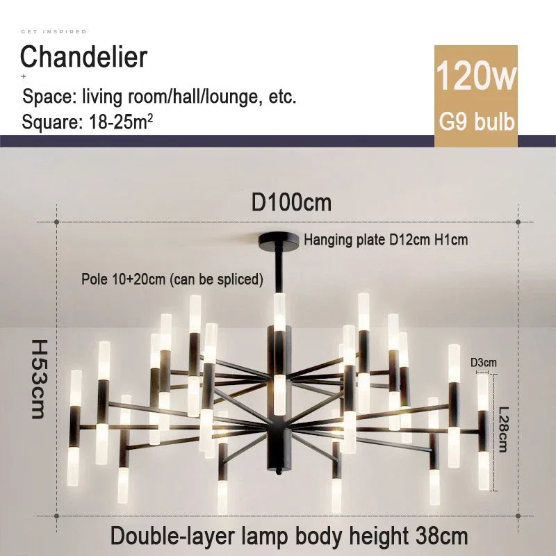 Suspension lumineuse moderne or structure géométrique tubes lumineux fixation crochet éclairage led chambre salon