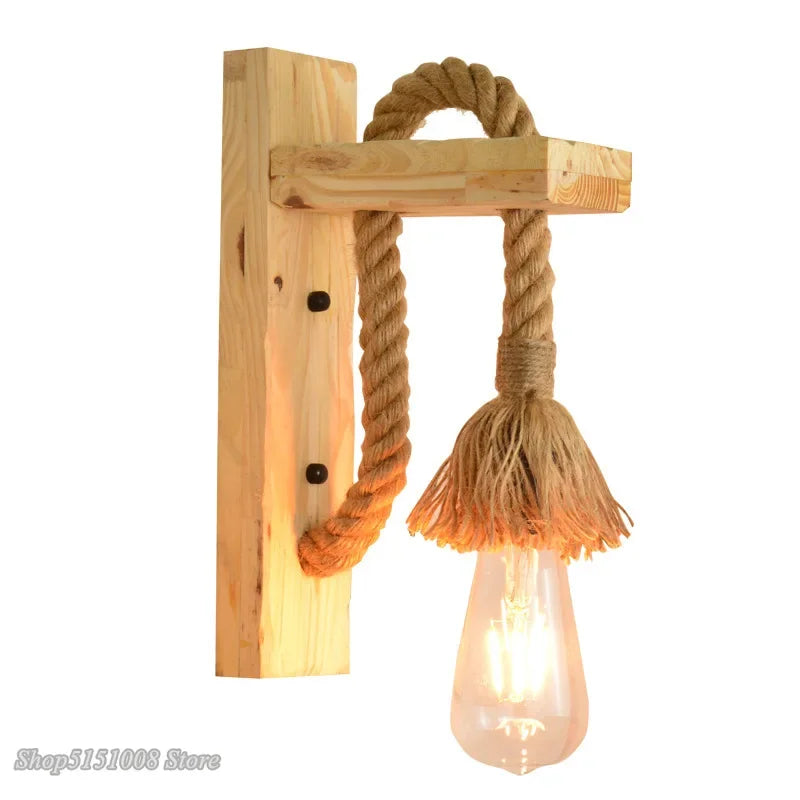 lampe murale rustique bois brut corde tressée ampoule transparente industrielle eyelets cuisine salle manger