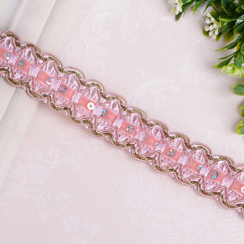 ruban décoratif dentelle élégant sequins dorés or rose violet bleu marron 2mètres polyester