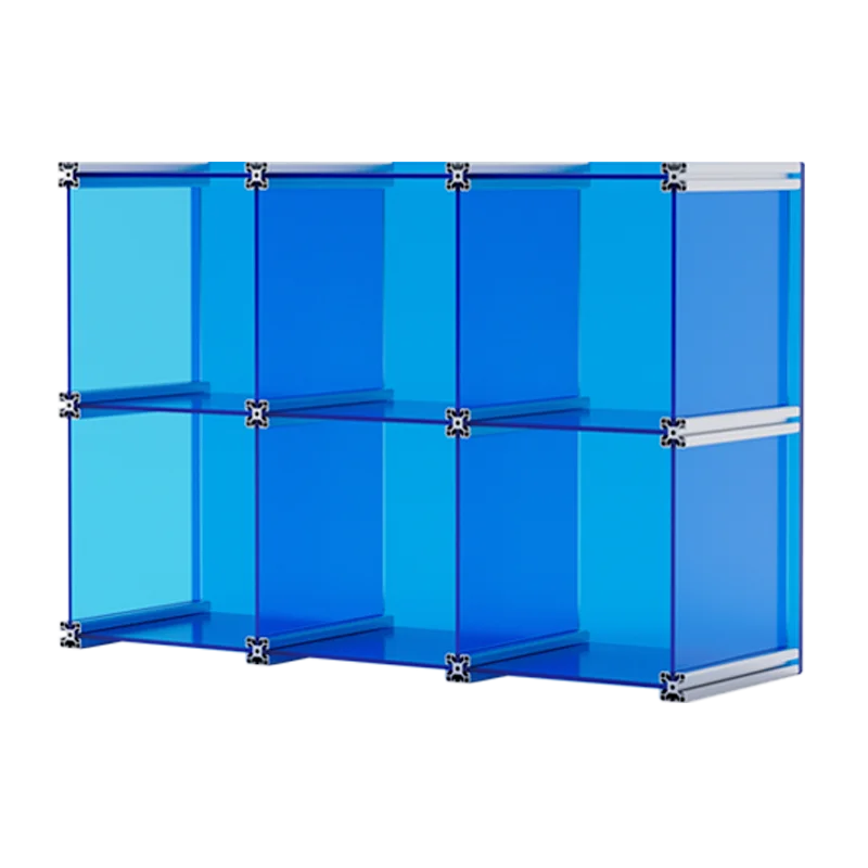 organisateur rangement modulaire transparent bleu clips métalliques compartiments tasses bouteilles bol assiette gâteau tablette