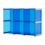 organisateur rangement modulaire transparent bleu clips métalliques compartiments tasses bouteilles bol assiette gâteau tablette