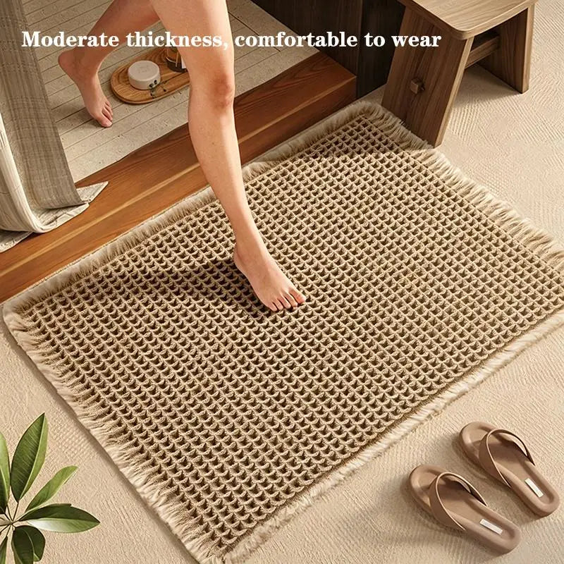 tapis bain beige clair gaufré antidérapant franges moderne dimensions 60x40cm