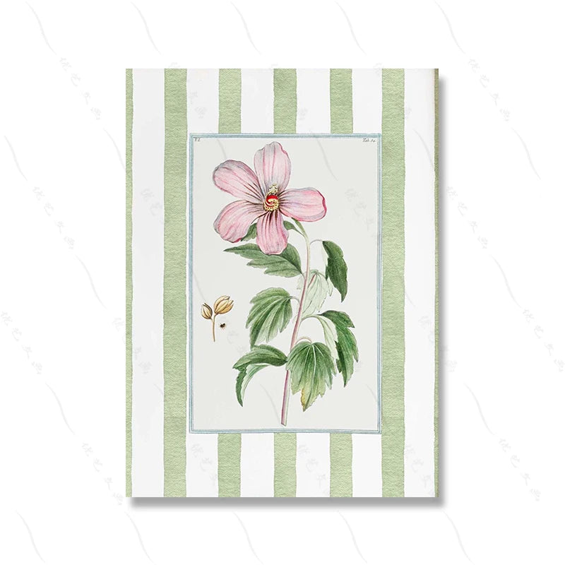 toile d'art vintage botanique fleurs feuilles rayures vertes roses classique sans cadre