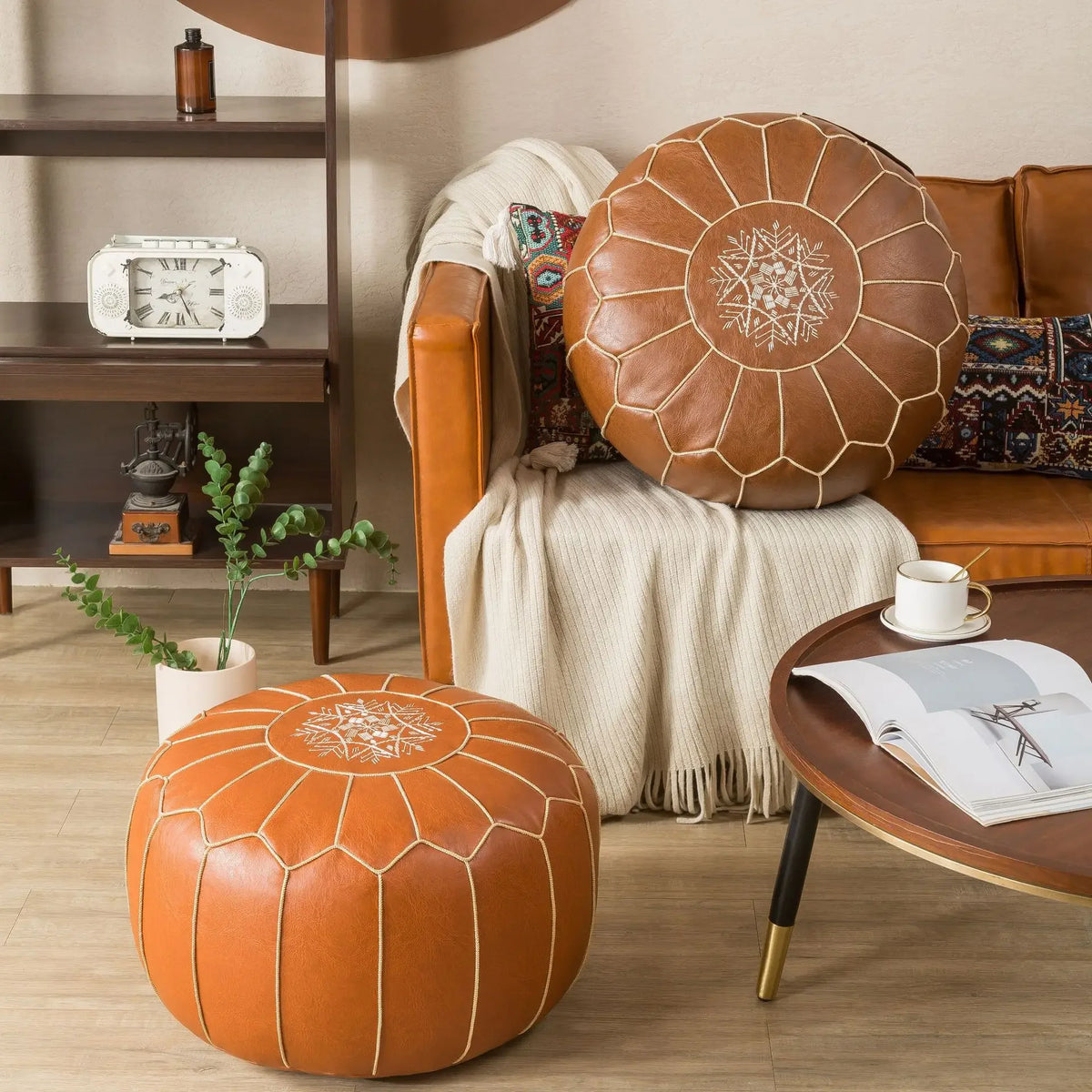 pouf marron clair cuir motifs géométriques imperméable moderne éthnique adhésif couverture seule 50x50cm