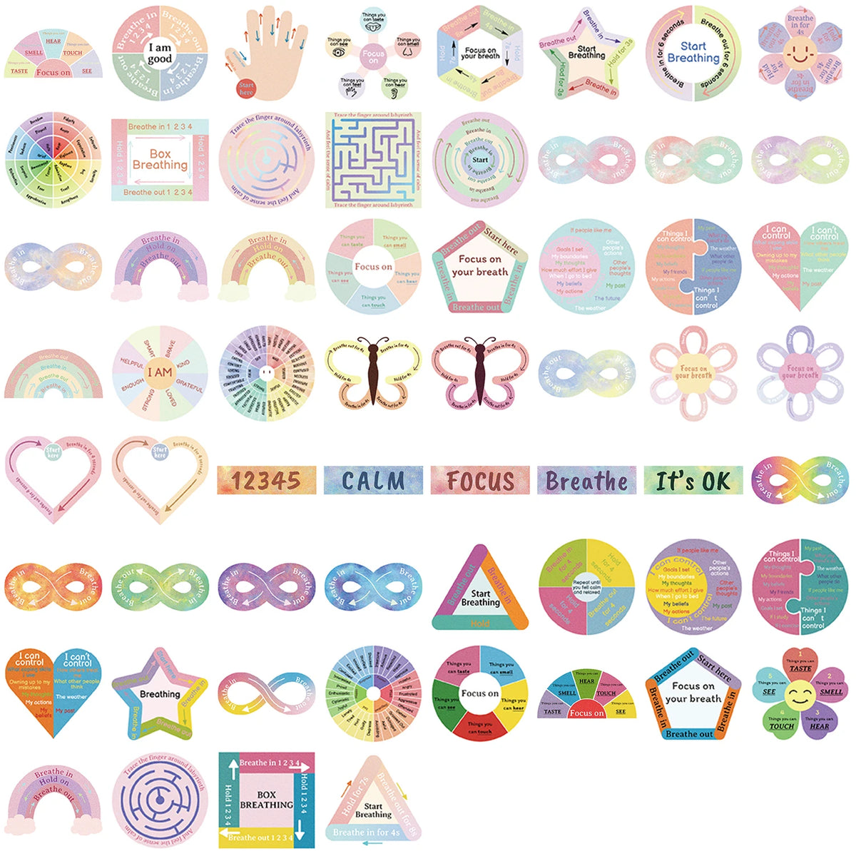 stickers adhésifs apaisants calmes textes circulaires modernes rose bleu vert jaune blanc trace labyrinthe