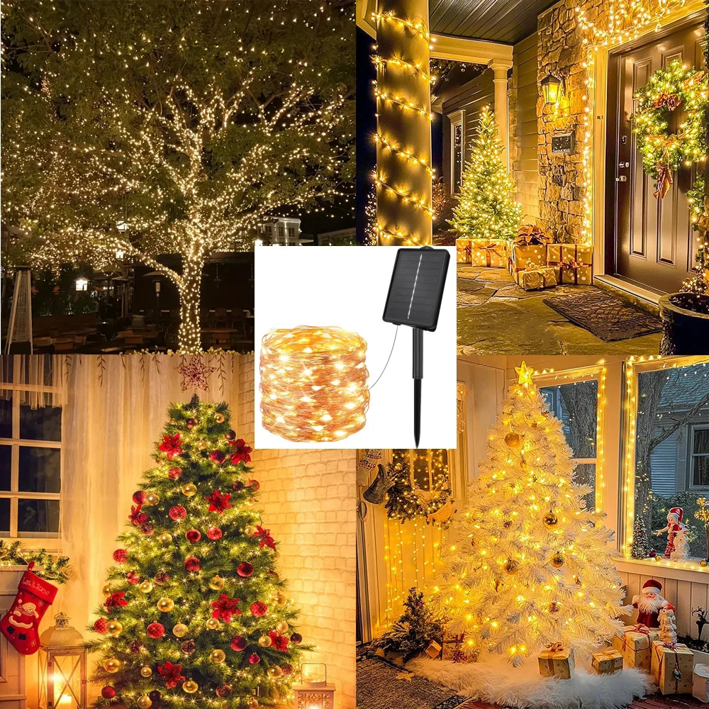 guirlande lumineuse solaire 200 led blanc chaud moderne fil cuivre autonome étanche ip65 abs