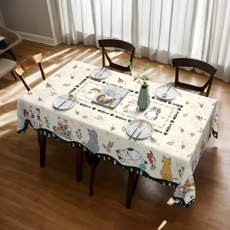 nappe rectangulaire chats fleurs moderne polyester réutilisable décoration table beige noir gris.orange blanc