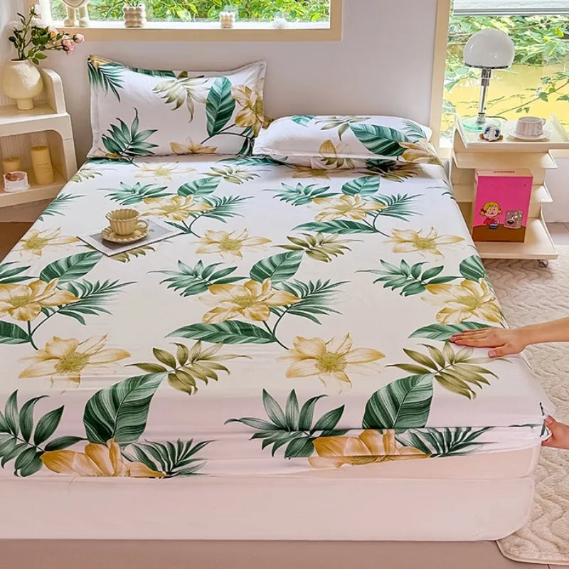 draps housses fleurs tropicales moderne blanc vert jaune pièces lit 120cm 150cm 180cm 200cm