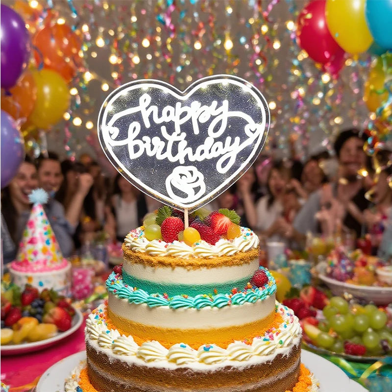 décoration gâteau happy birthday leds transparent clips moderne anniversaire fête mariage minimaliste
