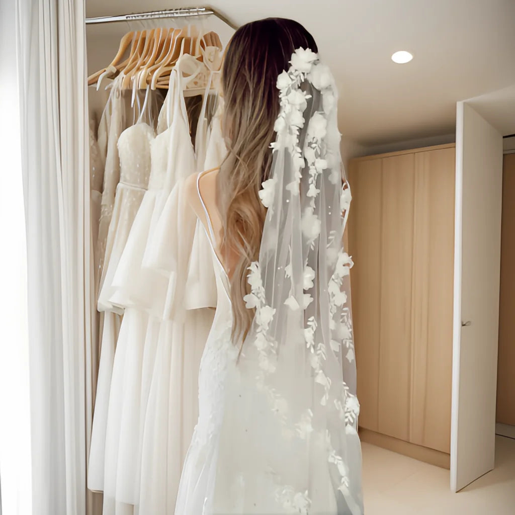 voile mariée tulle transparent fleurs 3d romantique bohème scintillantes blanc ornement floral