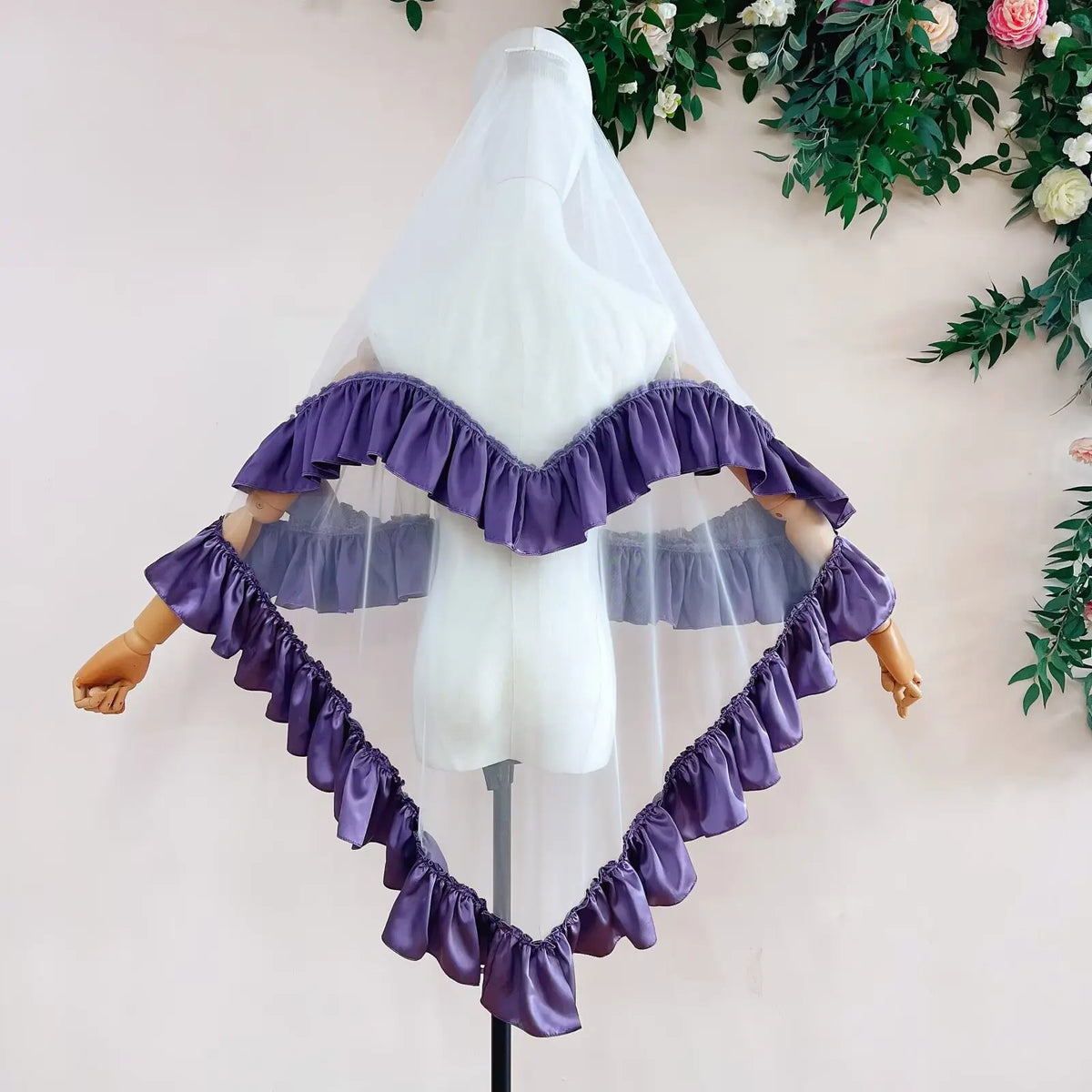 voile mariée blanc rose violet classique élégant volants polyester deux couches translucide