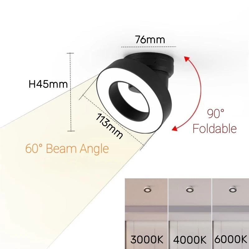 Spot lumineux anti éblouissement LED pliable noir blanc moderne monté surface