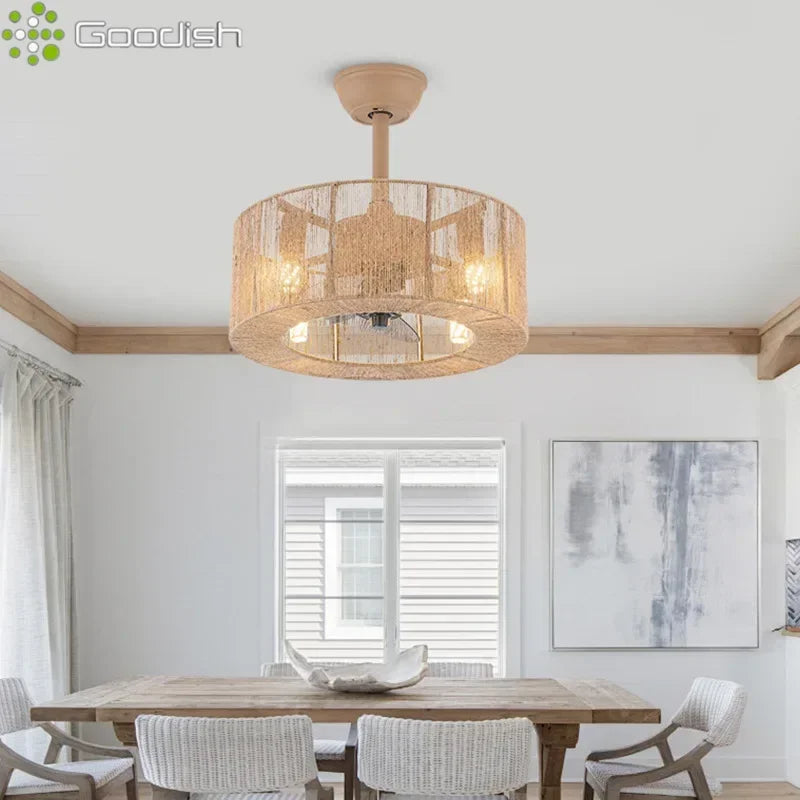 lampe suspendue tissu tressé beige moderne rustique télécommande led salon chambre