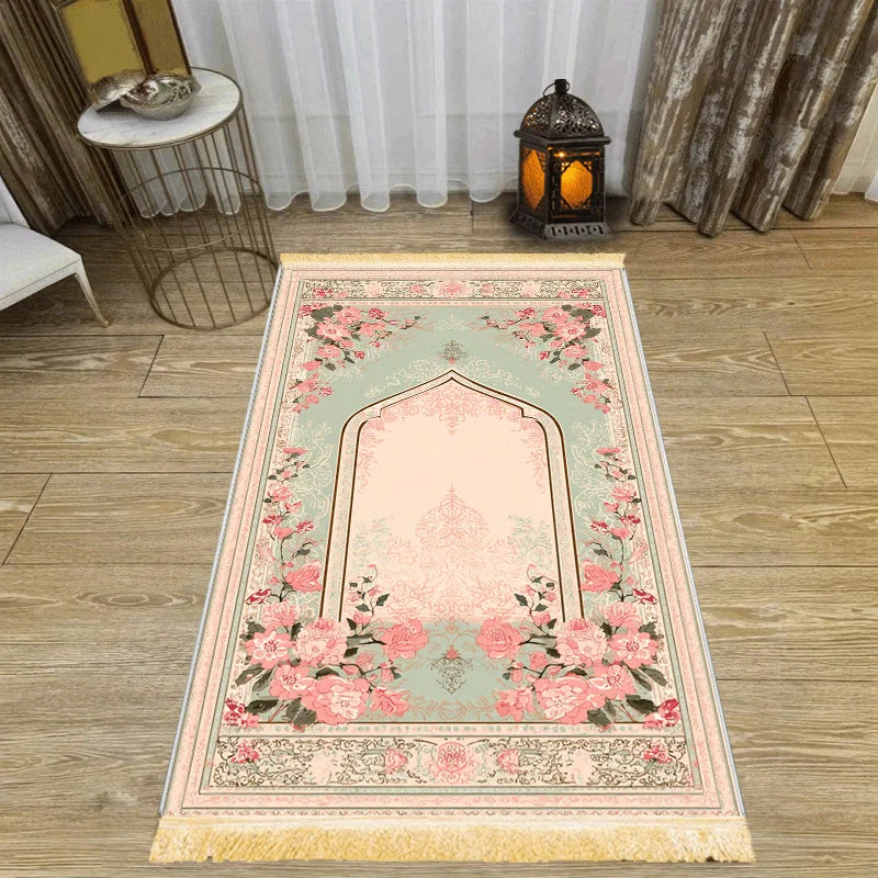 tapis floral vert rose prière portable décoration intérieure extérieur classique polyester résistant