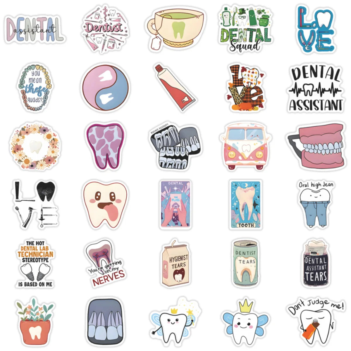 stickers dentaires die cut multicolores motifs dentaires cartoon adhésifs dents instruments dentistes humour professionnels