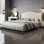 lit double moderne beige cuir texture lignes verticales tiroirs latéraux chambre bois épuré