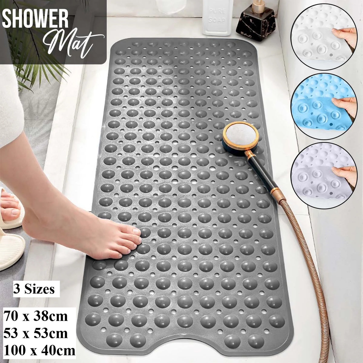 tapis douche gris bleu clair perforé anti dérapant drainage rapide moderne suction 70x38cm 53x53cm