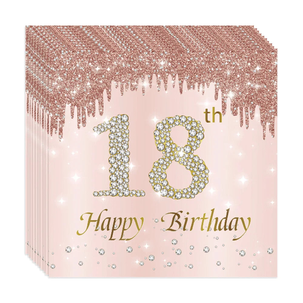 serviettes fête élégantes rose pâle strass dorés texte happy birthday anniversaire strass chiffres festive
