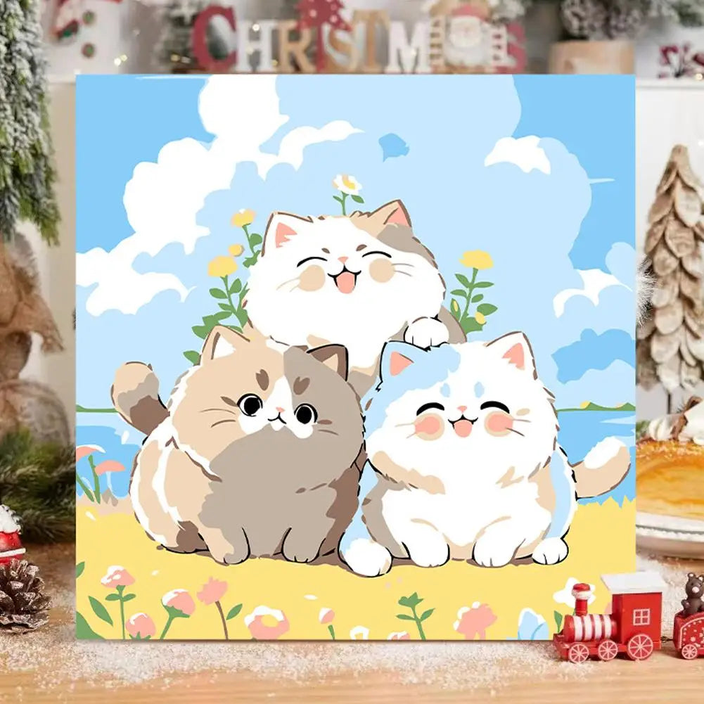 tableau illustration cartoon chats mignons couleur bleu blanc décoration murale enfants chambre enfant animé