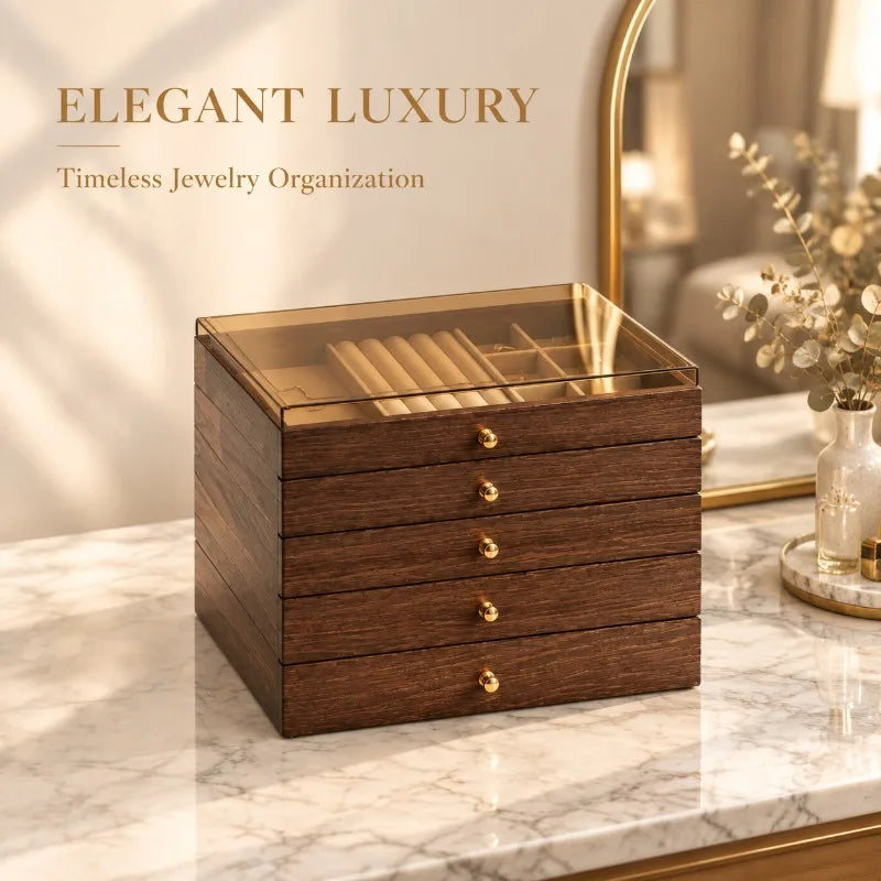 boîte bijoux bois marron classique tiroirs poignées dorées compartiments organisation élégante rangement transparent couvercle