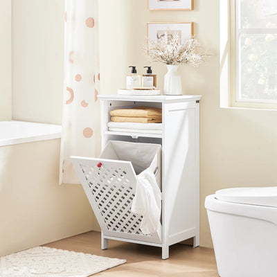 Armoire de salle de bain blanche avec panier à linge intégré vue de face