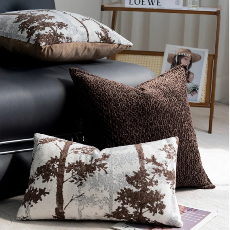 housse coussin marron motif arbre moderne décoration intérieure jacquard polyester 30x50cm 45x45cm fixations