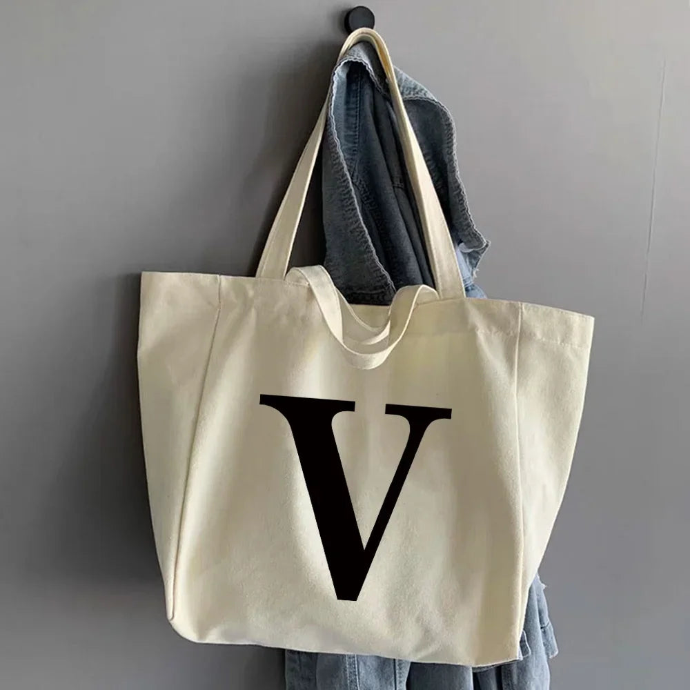 sac main femme toile beige clair lettre noire poignées détachables