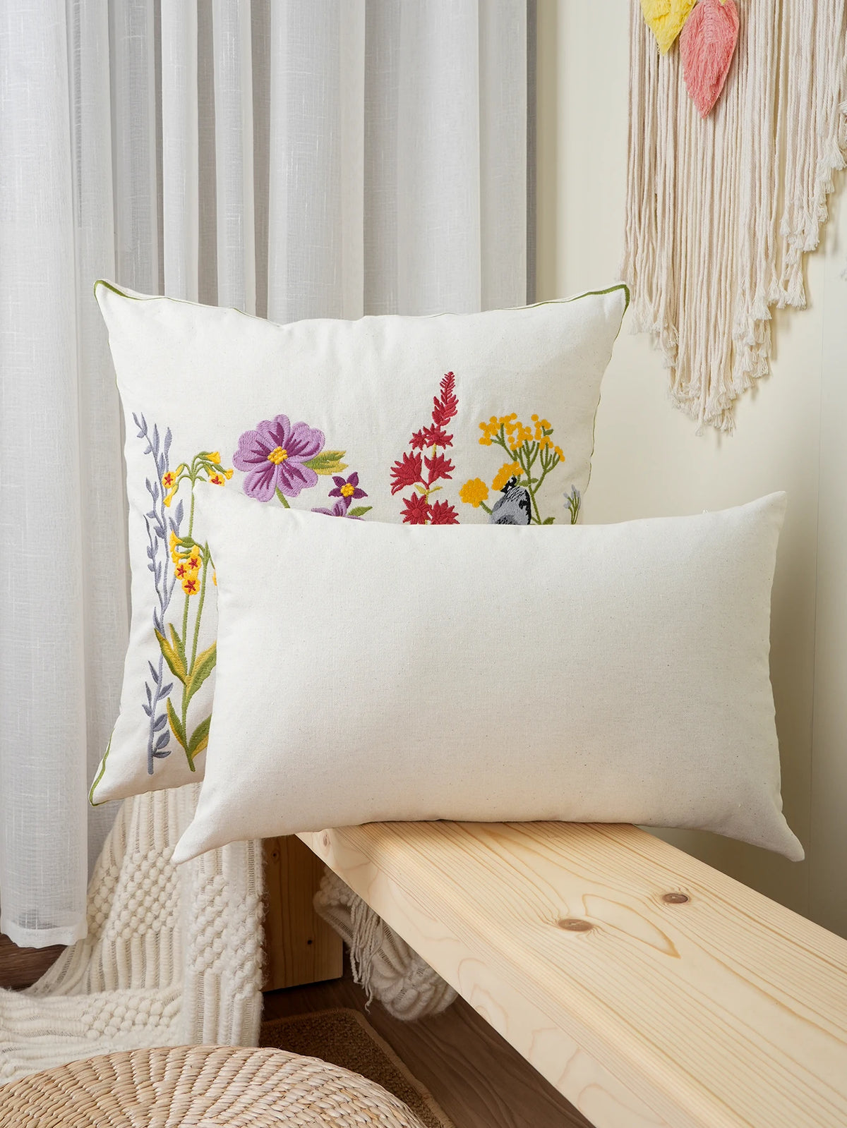 housse coussin brodée fleurs oiseaux décoratives polyester traditionnel adhésif blanc
