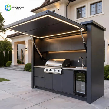 barbecue extérieur moderne meuble cuisine évier réfrigérateur armoires rangement led noir bleu
