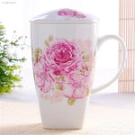 tasses thé céramique fleurs classiques poignées couvercle blanc rose vert