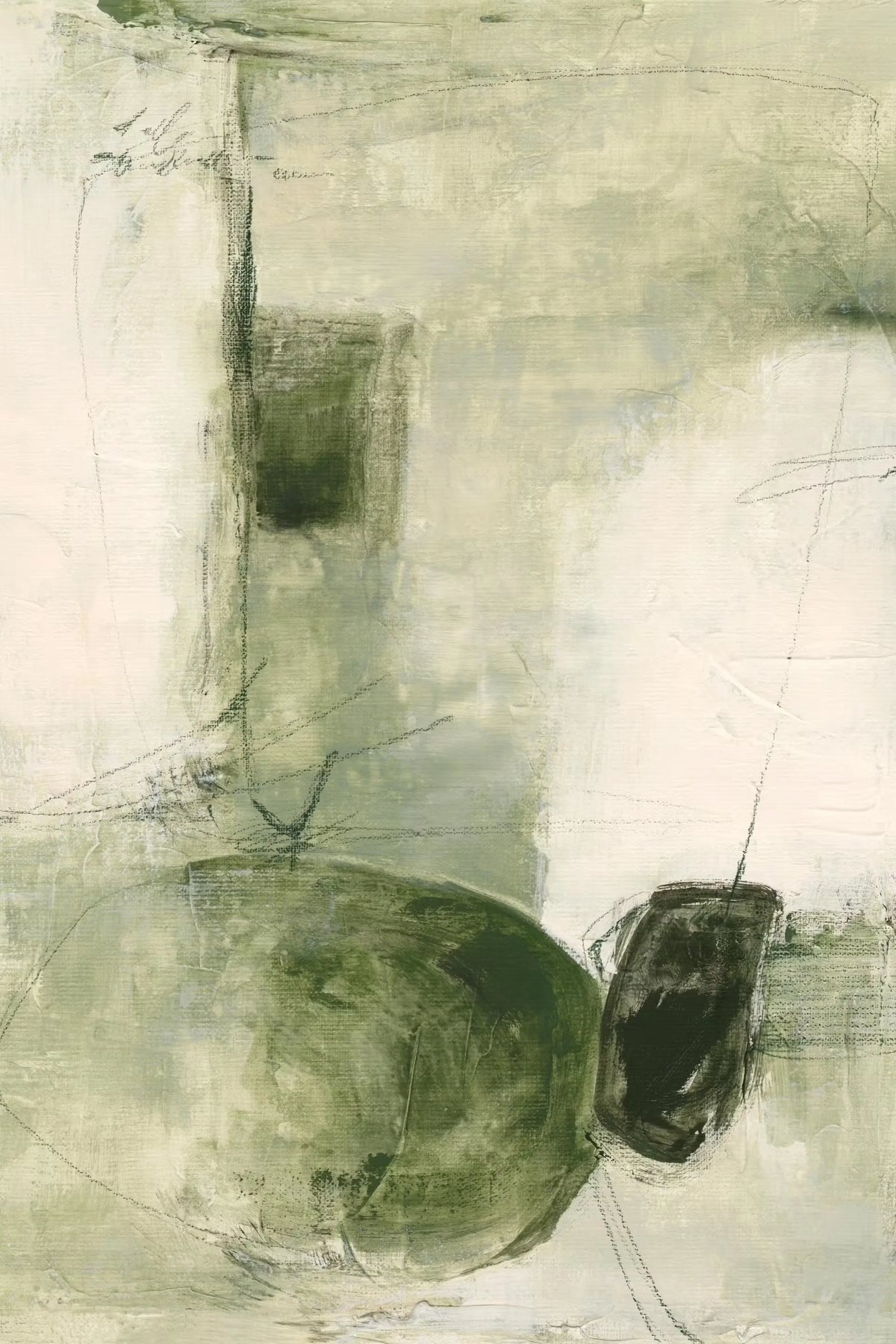tableau toile art abstrait peinture moderne vert gris noir blanc cadre bois décoration murale