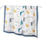 couverture bébé coton imprimé animaux lézard dino lapin blanc bleu gris orange