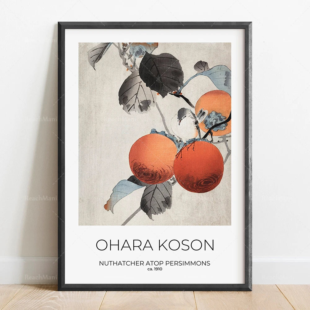 Cette image montre des persimmons (kakis) sur une branche avec des feuilles, et un petit oiseau perché sur la branche, peint dans un style asiatique traditionnel.