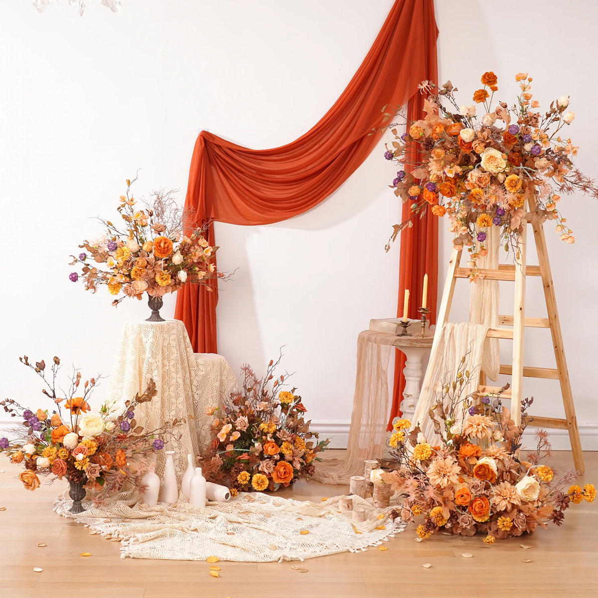 décoration boho chic bouquet fleurs artificielles mixtes orange rose marronextérieur anniversaire mariage
